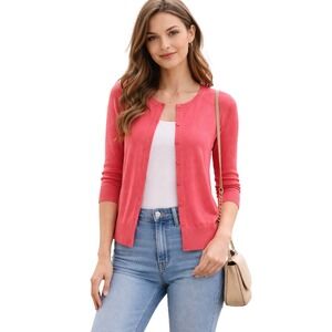 GAP Women Pink Crew Neck 3/4 Sleeve Button Up Cardigan Sweater M Dopamine 100-04